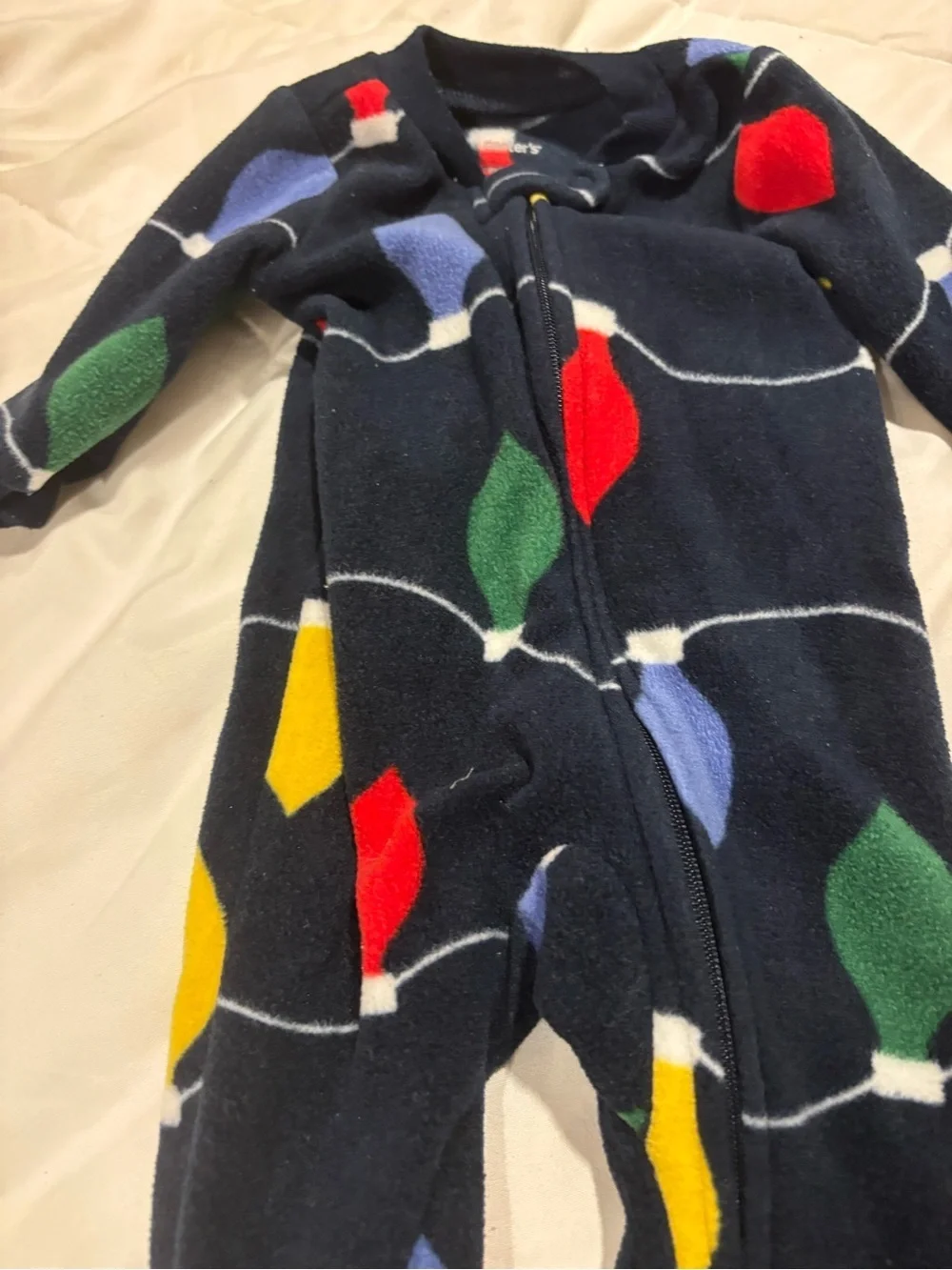 Carter's Navy Fleece Footed Sleep Sack with colorful holiday ornaments Newborn